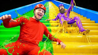 Slippery VS Sticky VS Slime STAIRCASE Challenge!