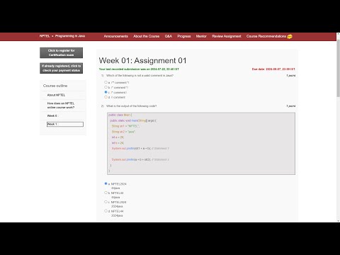 NPTEL Programming in Java Week 1 Assignment answers | July 2024