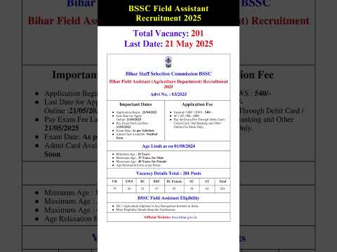 Bihar BSSC Field Assistant Recruitment 2025 Notification #jobnews  #sarkarijob #sarkarinaukri #bihar