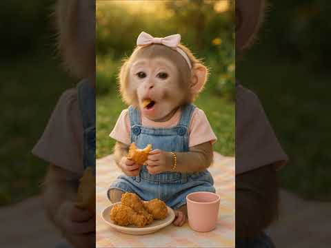 Baby Monkey Eats Chicken and Bursts Into Laughter