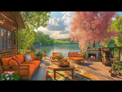Lakeside Cafe Jazz Music | Tranquill Jazz Music at 4K Spring Coffee Shop Ambience for Stress Relief