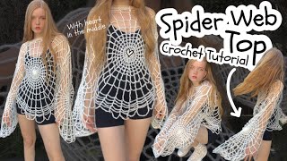 Crochet Spider Web Top Tutorial / with heart in the middle 🩶