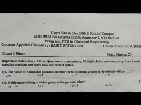 DSEU(GND) Chemistry mid term exam question paper 2023-24#dseu#youtube#youtubevideo #appliedchemistry