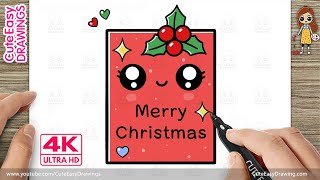 How to Draw a Cute Merry Christmas Card | Easy Christmas Drawing for Kids | Kawaii Art | 4K