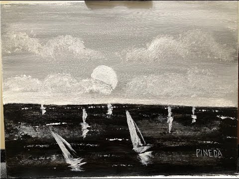 Black and White Boats at Sea Acrylic Painting for Beginners