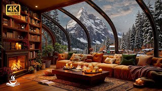 Cozy Winter Jazz Library ❄️ Snowy Reading Room Ambience with Relaxing Fireplace & Soft Night Jazz