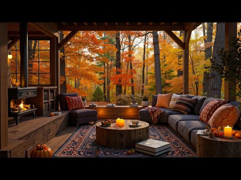 Autumn Jazz in Cozy Porch Ambience 🍁 Warm Fireplace Ambience & Smooth Jazz for Study, Work & Focus