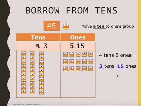 Subtraction with borrowing (regrouping) using 2 digit numbers