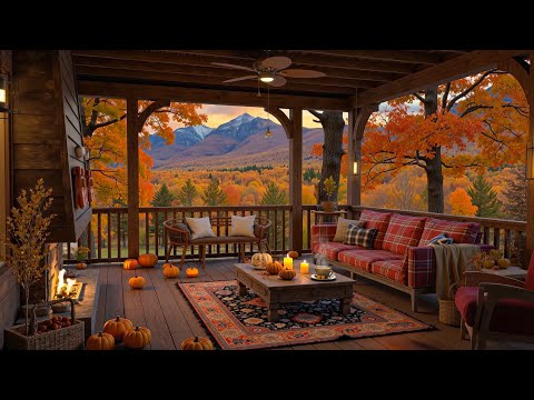 Cozy Autumn Porch by the Mountain 🍂 Tranquil Jazz, Cozy Fireplace Ambience for Study & Stress Relief