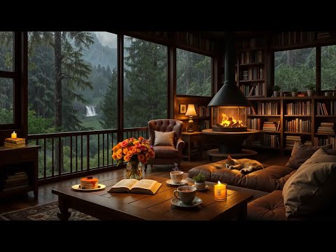 Soft Jazz at Cozy Cabin Ambience - Crackling Fireplace & Gentle Rainy Atmosphere for Unwind