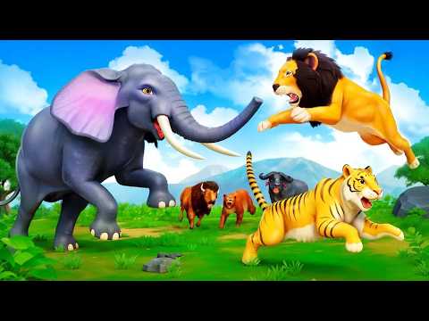 Elephant Defends Wild Animals Lion and Tiger | Farm Animals vs Wild Animals