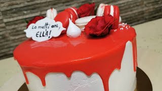 Drip Cake with Red Mirror Glaze , Macarons and Roses #chocolate #cake #desserts #dripcake #sweet