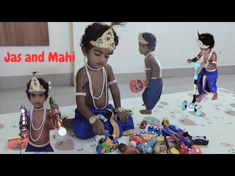 Little Krishna playing with Toys, Cricket, Skating, Flute, Guns | Jas and Mahi Fun | Mahi as Krishna