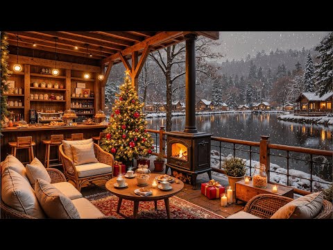 Stress Relief with Smooth Winter Jazz Music ❄️ Lakeside Coffee Shop Ambience & Crackling Fireplace 🔥