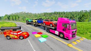 Flatbed Truck Mcqueen | Transportation with Truck - Pothole vs Car #014 - BeamNG.Drive