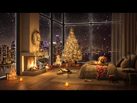 Cozy Bedroom at Miami on Christmas 2025 🎄🎅 Christmas Jazz Music with Snowfall & Warm Fireplace Sound
