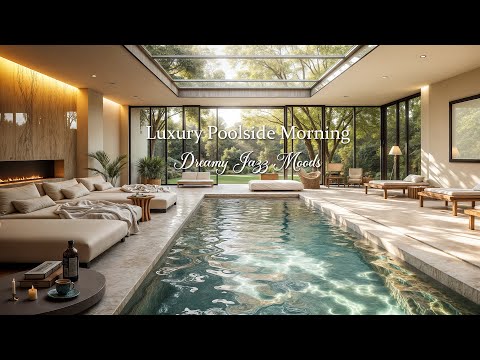 Luxury Indoor Poolside Morning - Smooth Jazz Music & Fireplace Ambience for a Peaceful Summer Escape