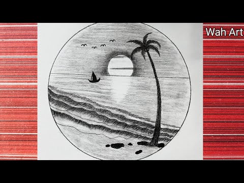 How to draw scenery of sea beach | nature scenery drawing with pencil | Wah Art