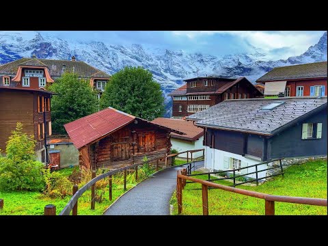 Switzerland, Mürren - Rainy walk in the most beautiful Swiss mountain village - Rain ambience