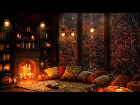 Rain in Cozy Autumn Cabin Ambience 🍂Jazz Background Music with Fireplace Burnings for Deep Sleep