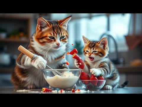 Mama cat picks strawberries & eggs, bakes cake & makes tiger hat for kitten 🐱🍓🎂 #mamacat #catmom