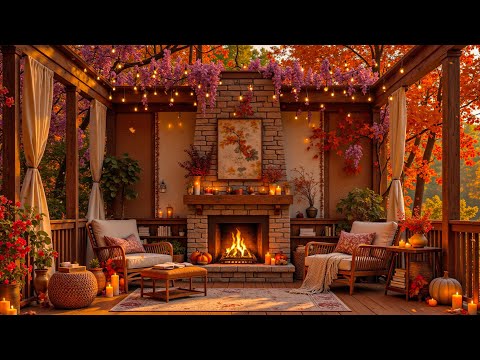 Quiet Autumn Jazz on a Cozy Porch by the Forest 🍂 Warmth Crackling Fireplace for Peaceful Morning