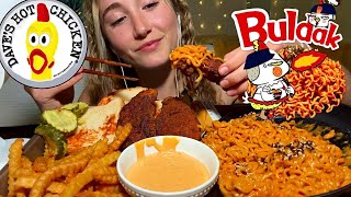 ASMR DAVE'S EXTRA HOT CHICKEN TENDERS AND CREAMY BULDAK RAMEN | eating sounds and whispering