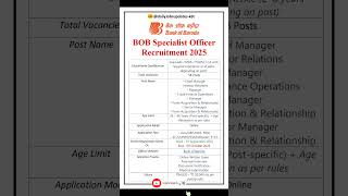 BOB Specialist Officer Recruitment 2025 | New Vacancy 2025 | dailyJobs updates #shorts #bankjobs