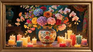 Gold framed vintage flowers tv wall art with candles . 4k TV screensaver Relax Sleep Study Enjoy