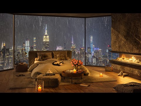 Cozy Bedroom Ambience with Warm Fireplace & Relaxing Jazz Music 🌧️ Rainy Night in New York City