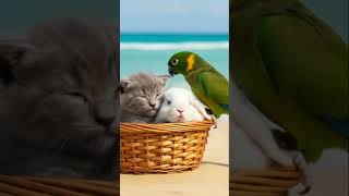 Cutest Beach Nap Ever! 🐱❤️🐰 Tiny Kitten & Bunny Cuddle While Parrot Watches 🌞🏖️ #DreamScreenAi