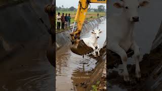 The villagers rescued the cows from the canal with excavators.#cow #rescue