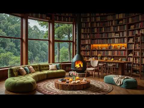 Soft Jazz Instrumental Music for Relax - Cozy Reading Nook Ambience & Fireplace Comfort on Rainy Day