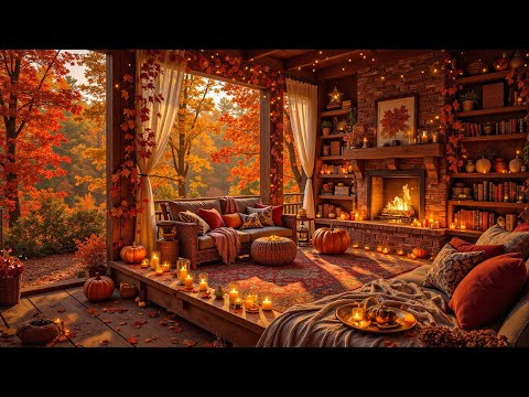 Autumn Morning Vibes on the Porch 🍂 Cozy Fall Fireplace & Gentle Jazz Music for a Happy Morning