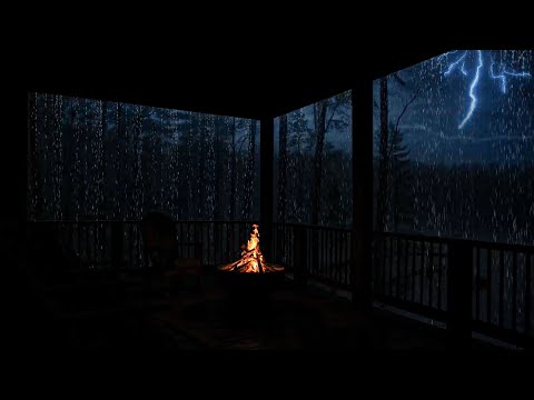 🌲 Cozy Cabin Rain Night | Porch Thunderstorm & Fireplace Ambience for Relaxation 🌧️🔥