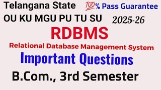 RDBMS| Relational Database Management System| Important Questions 2025-26 | B.Com., 3rd Semester OU