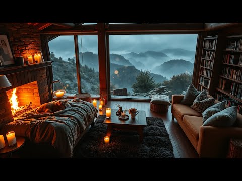 Rainy Day in a Cozy Cabin with Crackling Fireplace | Peaceful Ambience & Relaxation