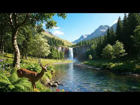 Nature with animals, birds, trees, mountain, Fountain! #ai #veo3 #viral #nature 