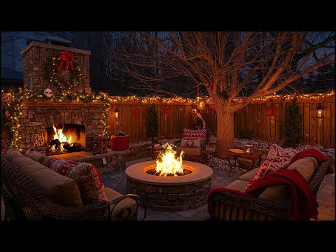 Christmas Outdoor Patio Ambience 🎄🔥 Cozy Crackling Fireplace & Fire Pit | Relaxing Winter Ambience