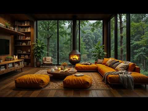 Soothing Jazz Music in Cozy Room Ambience 🌧️ Fireplace & Rain Sounds for Deep Relaxation