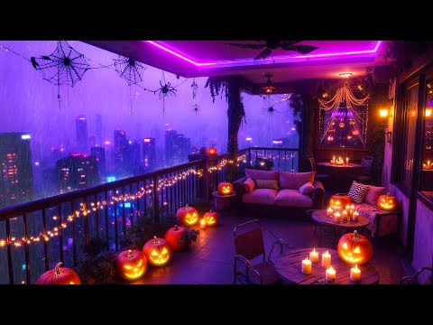 Night Halloween Balcony 🎃 Chill Music Lofi Rain for Deep Focus & Relax 🍂 Lofi Rain Playlist