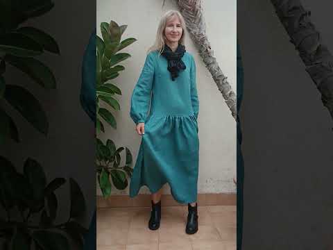 Linen, tiered, long puff-sleeve dress with pockets / ZINNIA / Teal blue #kadrika
