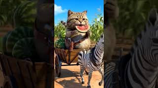 #cartoon #FunnyAIAnimation #CatOnAMission #ZebraCartRide #WatermelonVibes #CuteButCrazy #AIAnimals