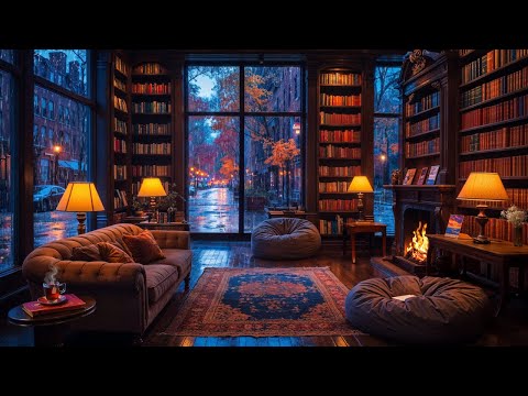 Cozy Library in the City 🍂 Rainy Autumn Views | Ambient Rain & Fire Sounds for Sleep | Fall Ambience