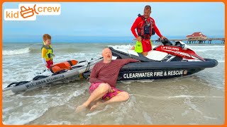 Ocean rescue with lifeguard jet ski, then tractor & garbage truck work beach. Educational | Kid Crew