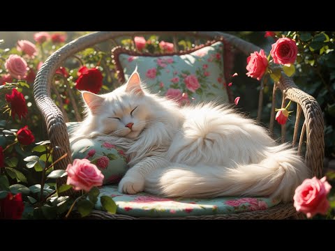 Relaxing Cat Nap in a Rose Garden  Birds Singing & Cat Purring 🌸🐾
