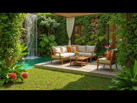 🌿Tranquill Jazz In Lakeside | Garden Waterfall Café Jazz | Smooth Jazz for Positive Mood, Relaxation