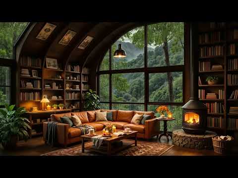 Jazz Relaxing Music for Unwind - Cozy Reading Nook Ambience with Warm Fireplace & Rain Sounds 🌧️