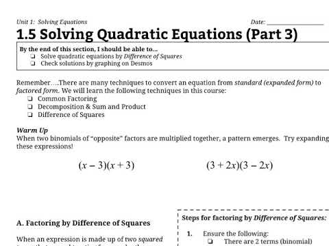 Solving Quadratic Equations: Factoring by Difference of Squares