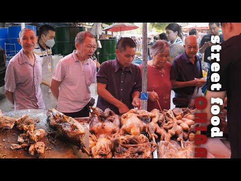 Chinese market, super delicious street china food, traditional Sichuan food, lively crowd  diners.